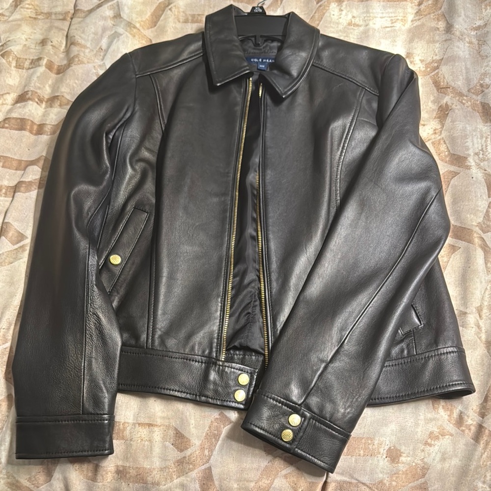 Cole Haan Black Leather Jacket with Gold Accents